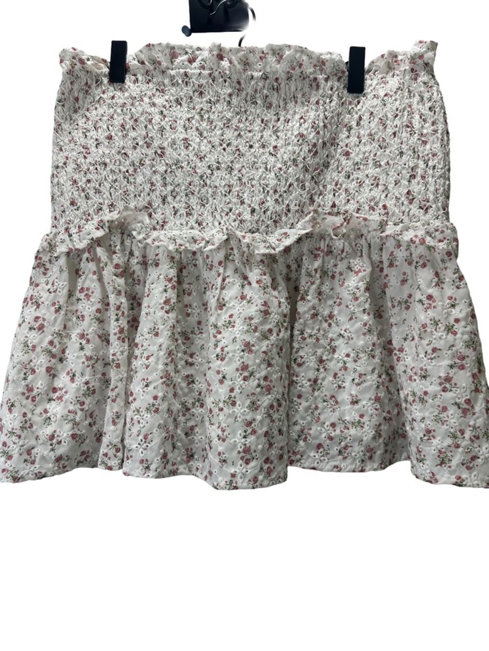 Moodie Floral Smocked Tiered Mini Skirt - White with Pink Rose Print size M